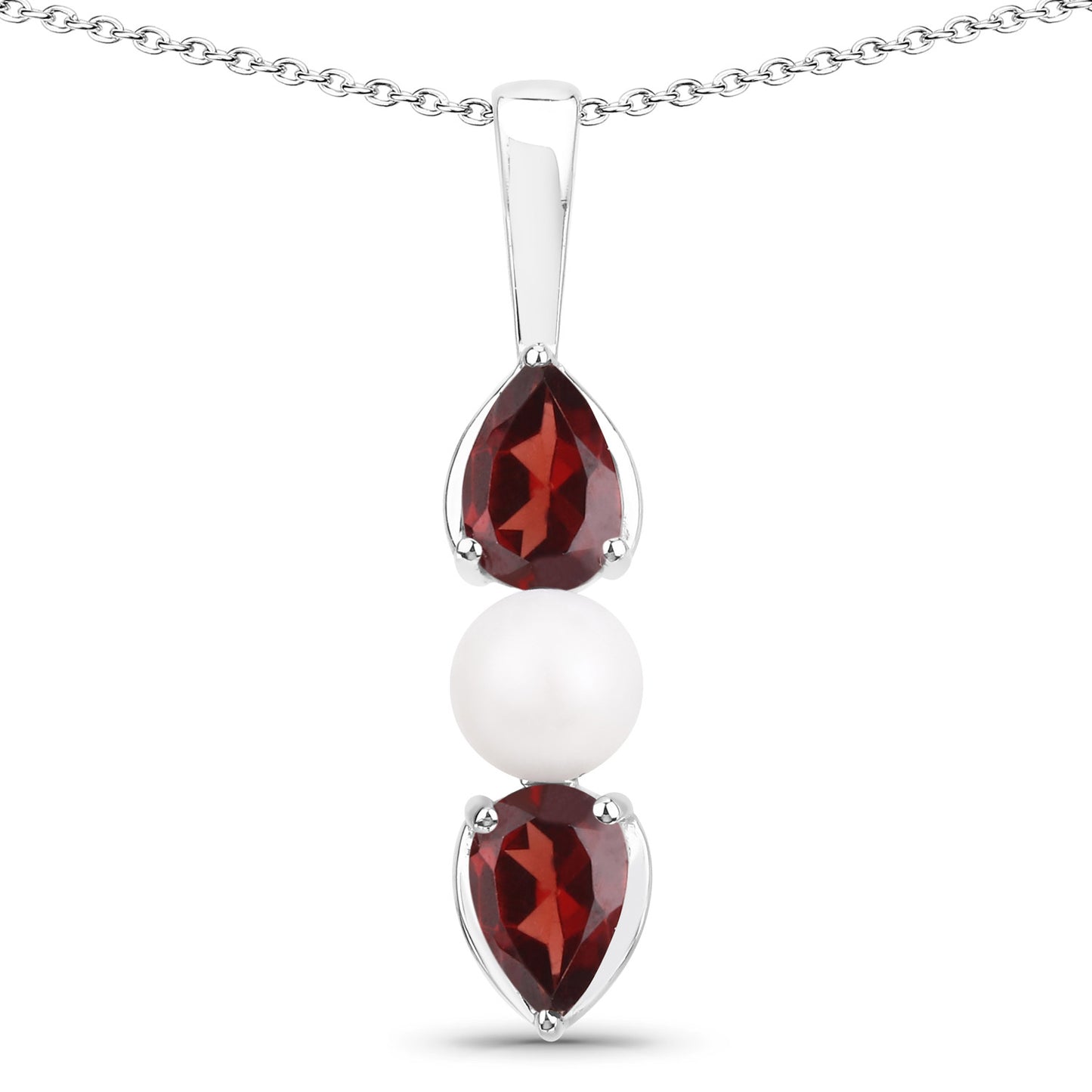 Genuine Garnet and Pearl 3-Stone Sterling Silver Pendant