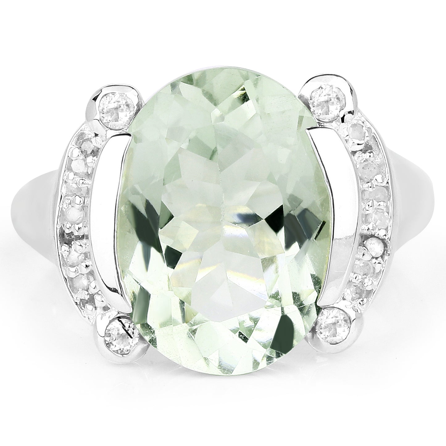 Genuine Green Amethyst, White Topaz and White Diamond Sterling Silver Ring