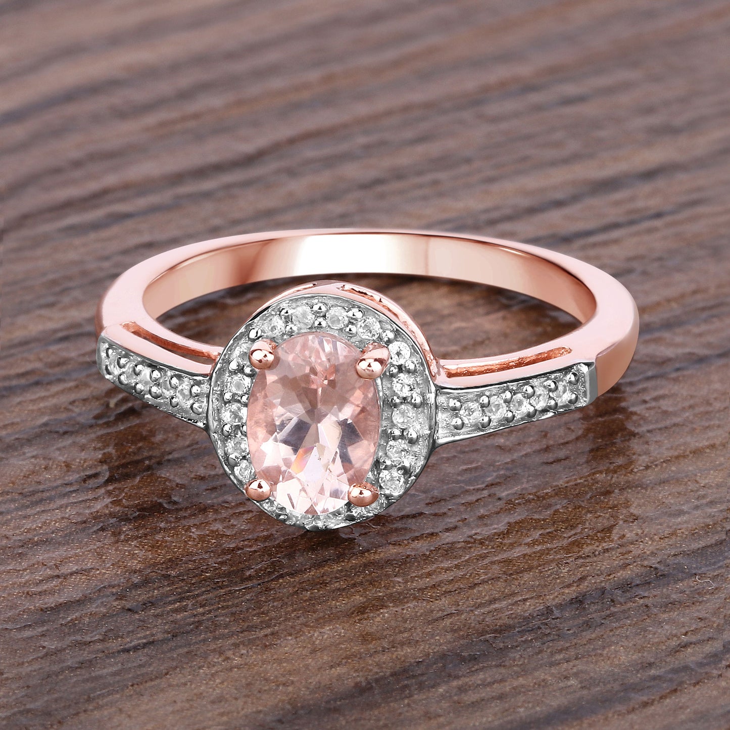 Genuine 14K Rose Gold Plated Morganite and White Topaz Sterling Silver Halo Ring