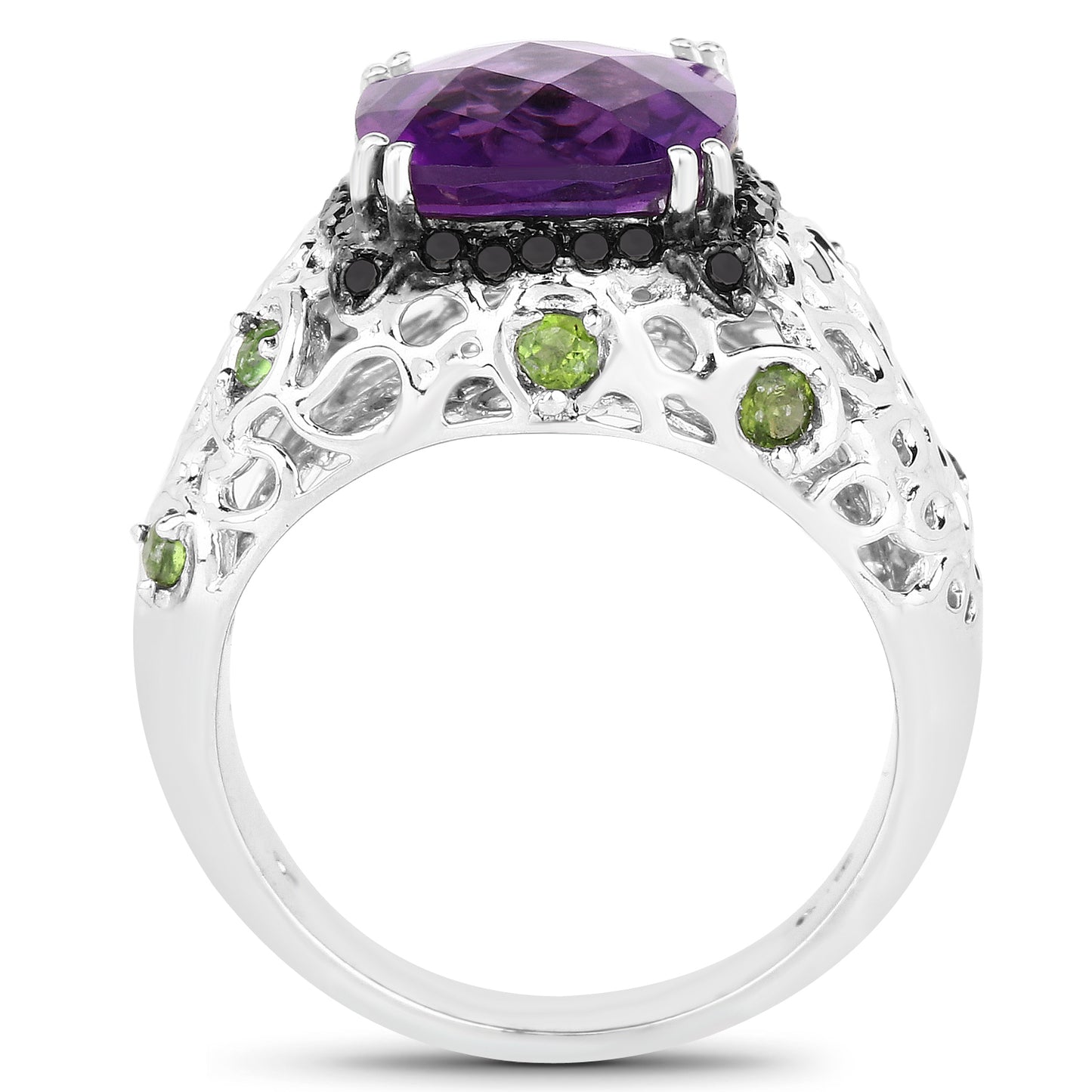 Genuine Amethyst, Chrome Diopside, and Black Diamond Filigree Sterling Silver Ring