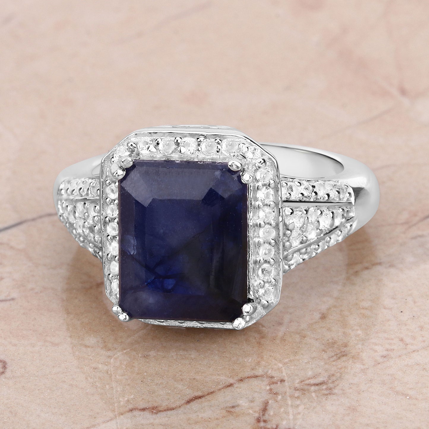 Glass Filled Sapphire and White Topaz Sterling Silver Halo Ring