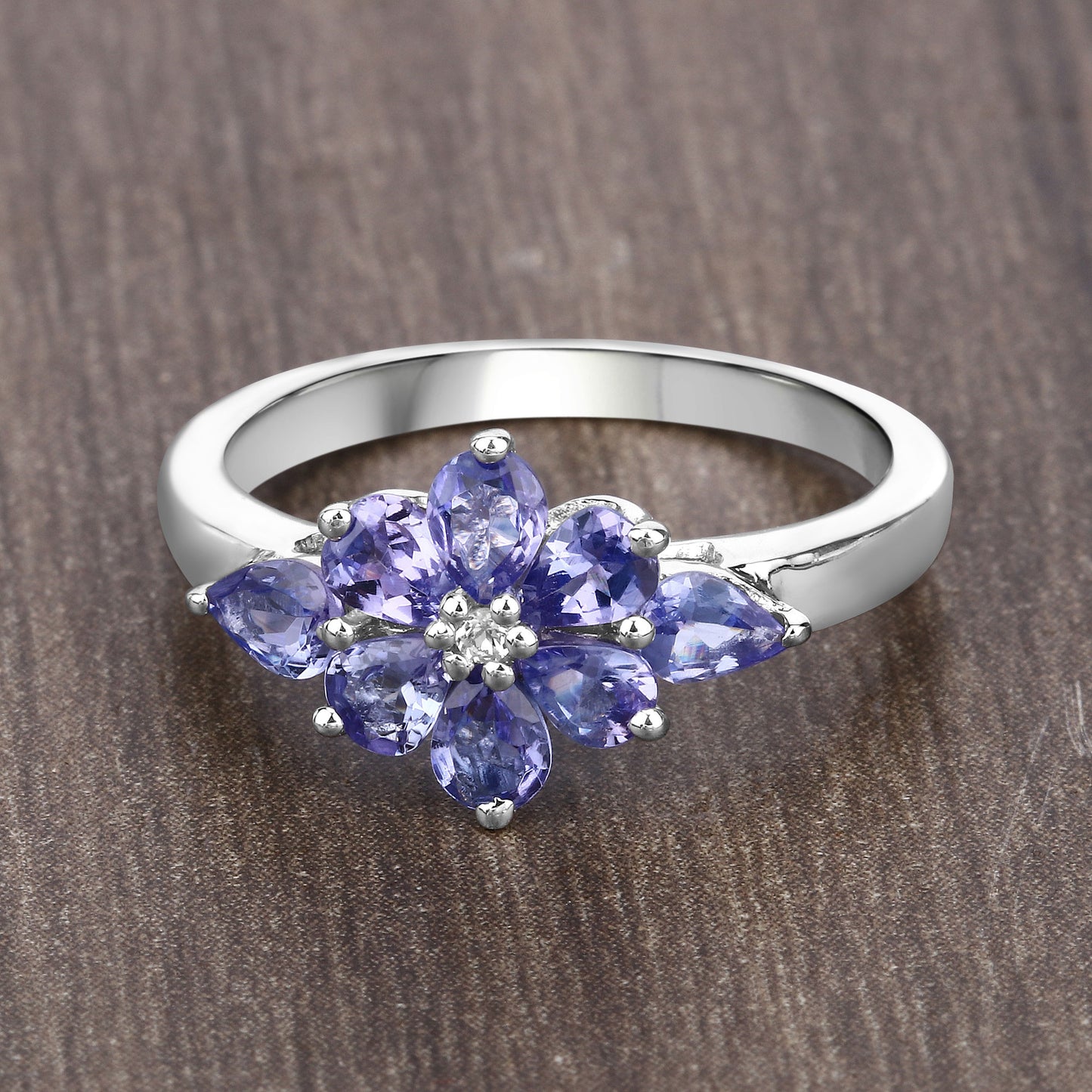 Genuine Tanzanite and Diamond Sterling Silver Floral Ring