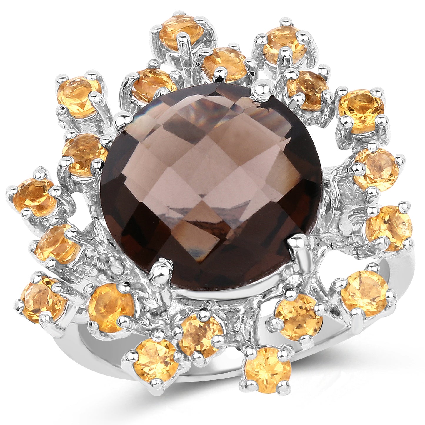 Genuine Smoky Quartz and Citrine Sterling Silver Sunburst Ring
