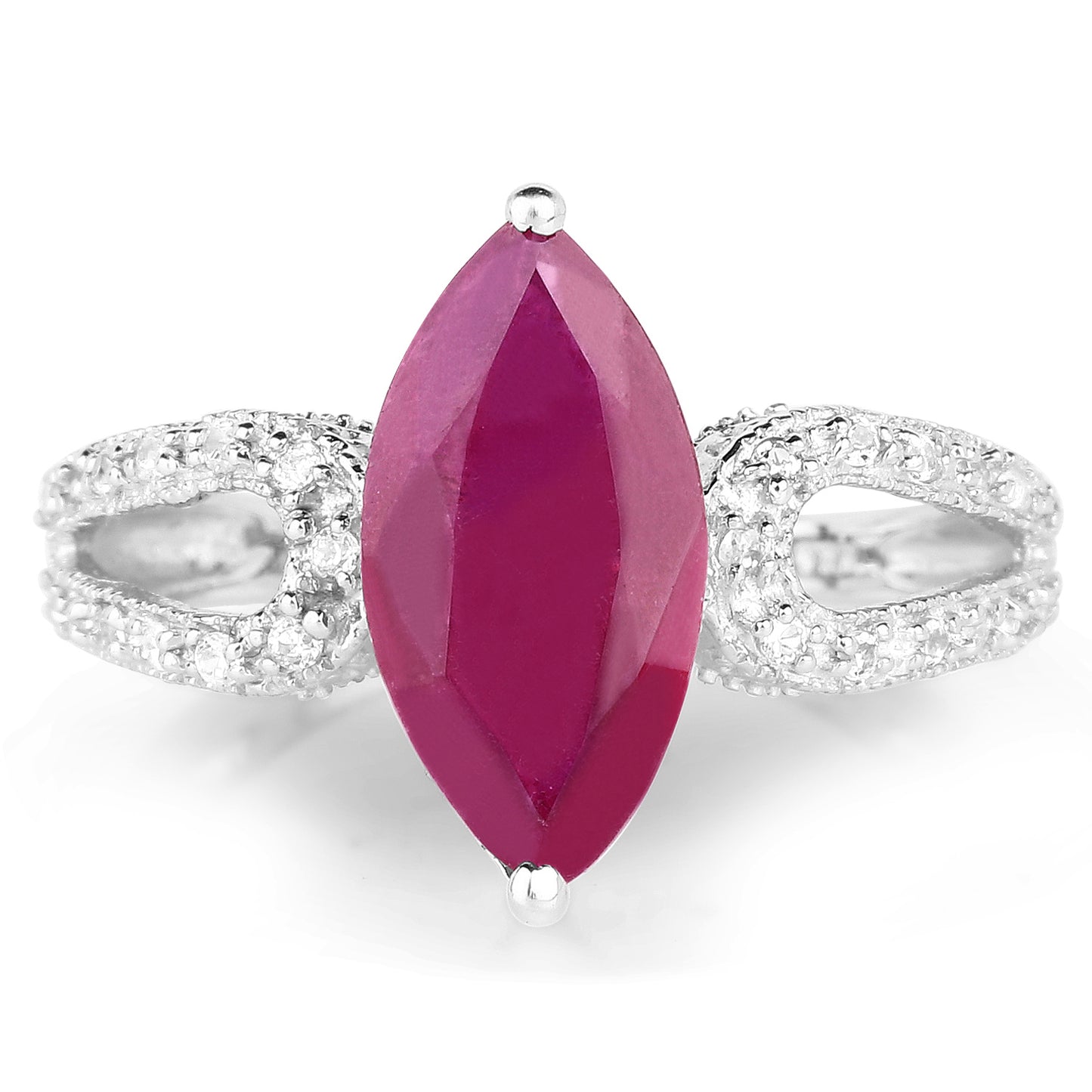 Glass Filled Ruby and White Topaz Sterling Silver Graduated Ring