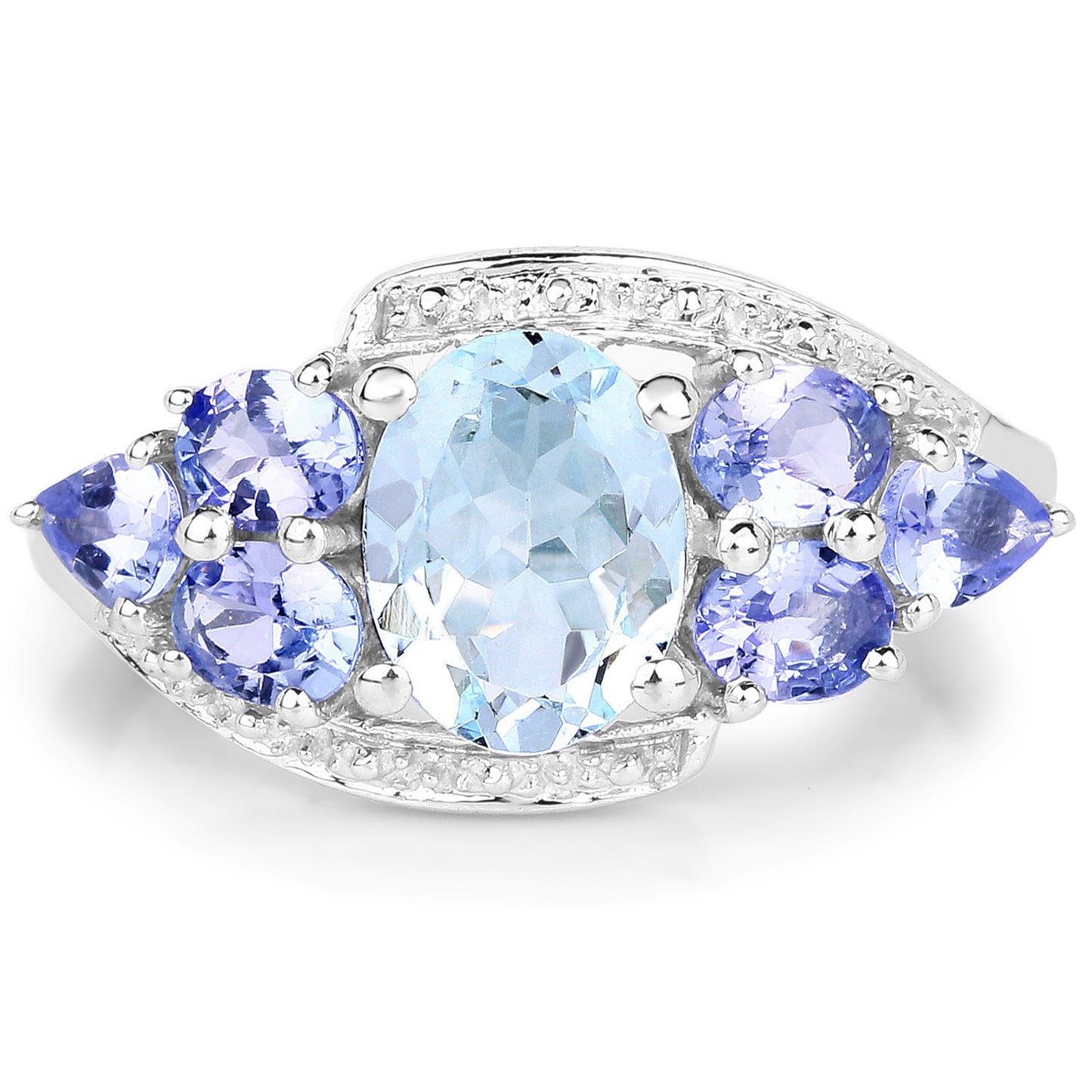 Genuine Aquamarine and Tanzanite Sterling Silver Graduated Ring