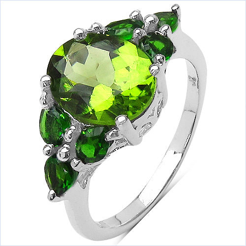 Genuine Peridot and Chrome Diopside Sterling Silver Graduated Ring