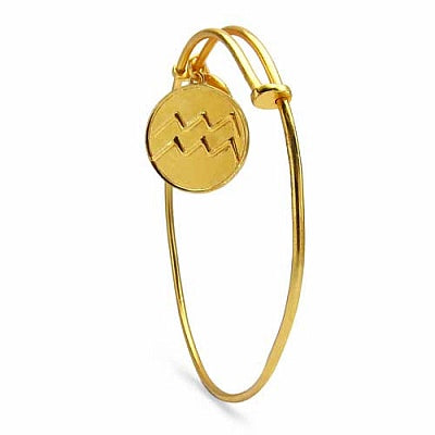 Gold Plated Brass 'Zodiac Symbol for Aquarius' Embossed on Coin Bangle
