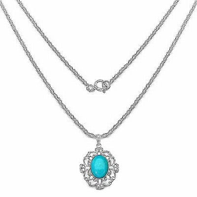 Genuine Turquoise Oval Cabochon Sterling Silver Filigree Pendant