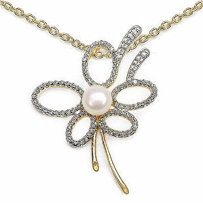 1.35CTW Pearl & Cubic Zirconia Gold Plated .925 Sterling Silver Pendant
