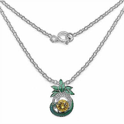 Genuine Citrine and White Cubic Zirconia .925 Sterling Silver Peacock Pendant with Green Enamel Detailing