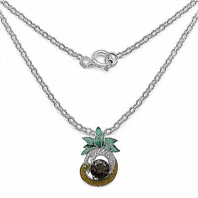 3.33CTW Smoky Topaz & White Cubic Zircon.925 Sterling Silver Pendant With Green Enamel