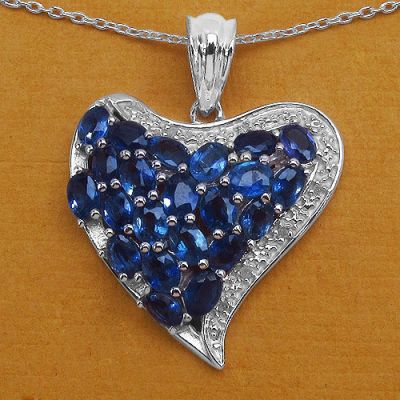 5.54CTW Genuine Blue Sapphire & White Diamond .925 Sterling Silver Heart Shape Pendant