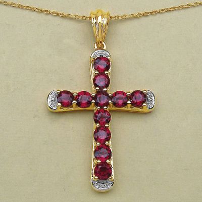Genuine Rhodolite 14K Yellow Gold Plated Sterling Silver Cross Pendant