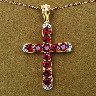 Genuine Rhodolite 14K Yellow Gold Plated Sterling Silver Cross Pendant