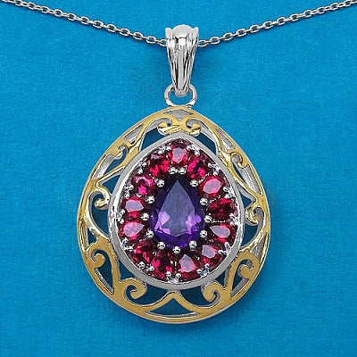 Genuine Amethyst and Rhodolite Sterling Silver Two-Tone Filigree Pendant
