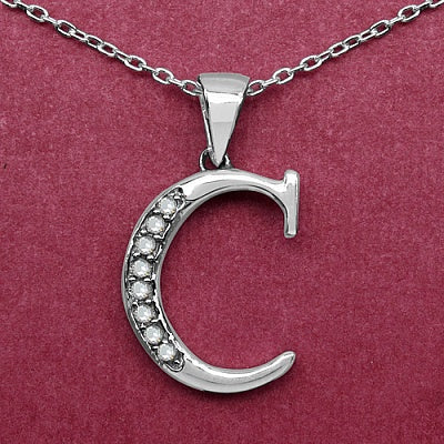 0.09CTW Genuine White Diamond Alphabet Letter C .925 Sterling Silver Pendant