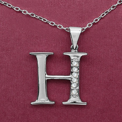 0.06CTW Genuine White Diamond Alphabet Letter H .925 Sterling Silver Pendant