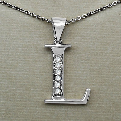 0.06CTW Genuine White Diamond Alphabet Letter L .925 Sterling Silver Pendant