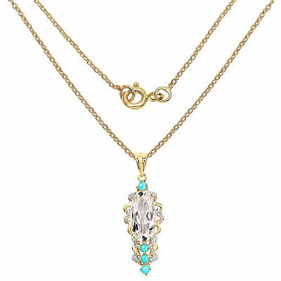 Genuine Crystal Quartz and Turquoise Multi-Stone 14K Gold Plated Sterling Silver Statement Pendant