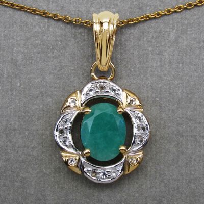 Genuine Emerald and White Topaz 14K Yellow Gold Plated Sterling Silver Halo Pendant