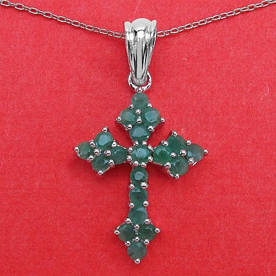 Genuine Emerald Round-Cut Gemstones Sterling Silver Cross Pendant