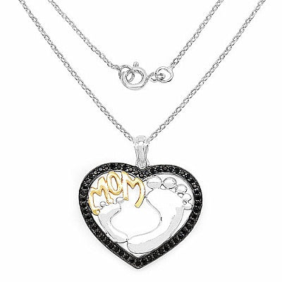 Genuine Black Spinel Two-Tone Sterling Silver Mom and Baby Footprint Heart Pendant