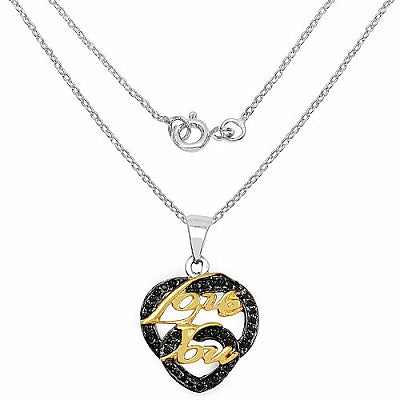 Genuine Black Spinel Two-Tone Sterling Silver Heart-Shaped Love Pendant