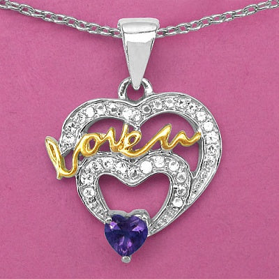 Genuine Amethyst and White Topaz Sterling Silver Heart Pendant with Two-Tone Plating