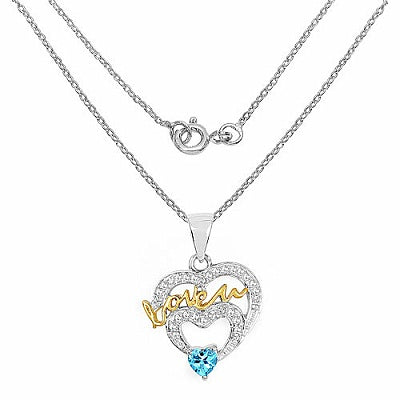 0.64CTW Genuine Swiss Blue Topaz & White Topaz .925 Sterling Silver Two Tone Plated Heart Pendant