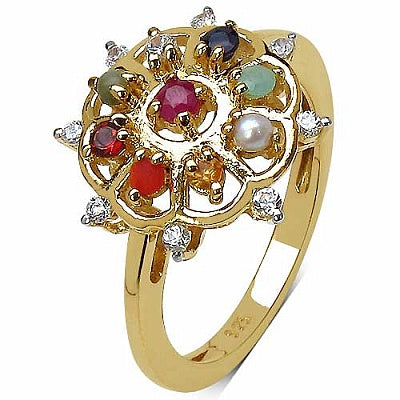 Shraddha 0.97CTW Navratna 14K Yellow Gold Plated .925 Sterling Silver Ring