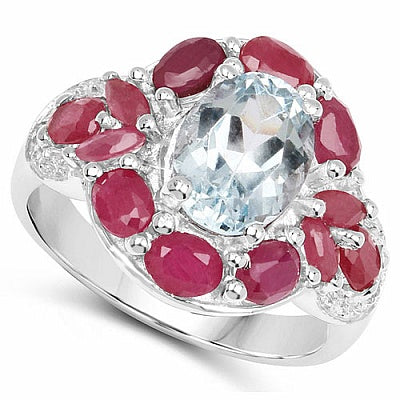 4.25CTW Genuine Aquamarine, Ruby & White Topaz .925 Sterling Silver Ring
