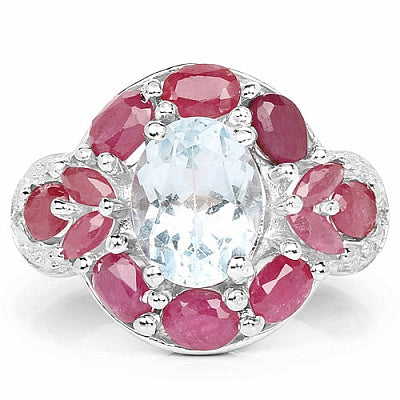 4.25CTW Genuine Aquamarine, Ruby & White Topaz .925 Sterling Silver Ring