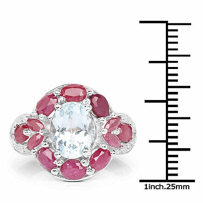 4.25CTW Genuine Aquamarine, Ruby & White Topaz .925 Sterling Silver Ring