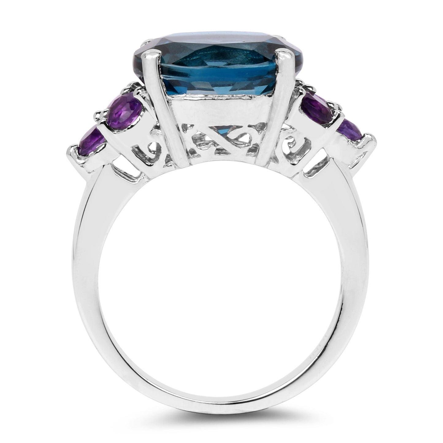 Genuine London Blue Topaz and Amethyst Cocktail Sterling Silver Ring