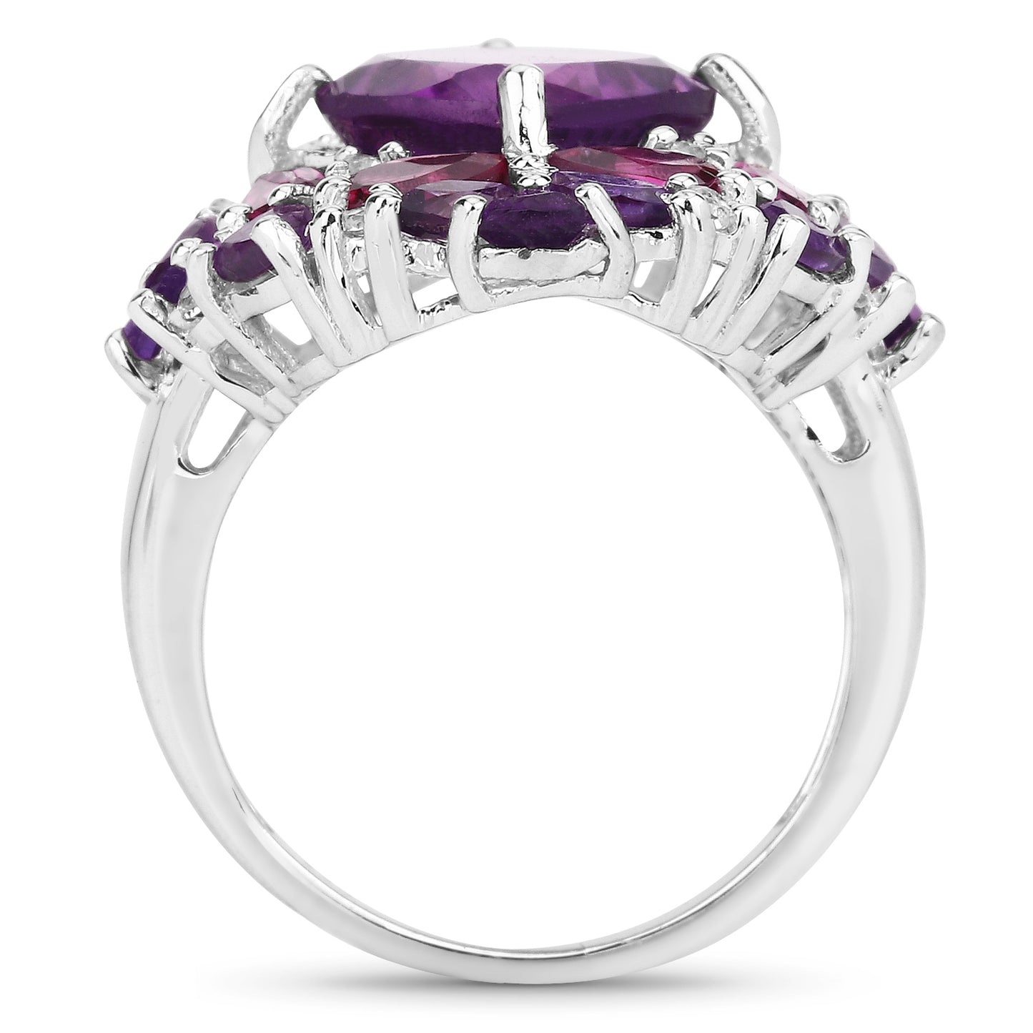 Genuine Amethyst, Rhodolite Garnet and White Topaz Sterling Silver Ring