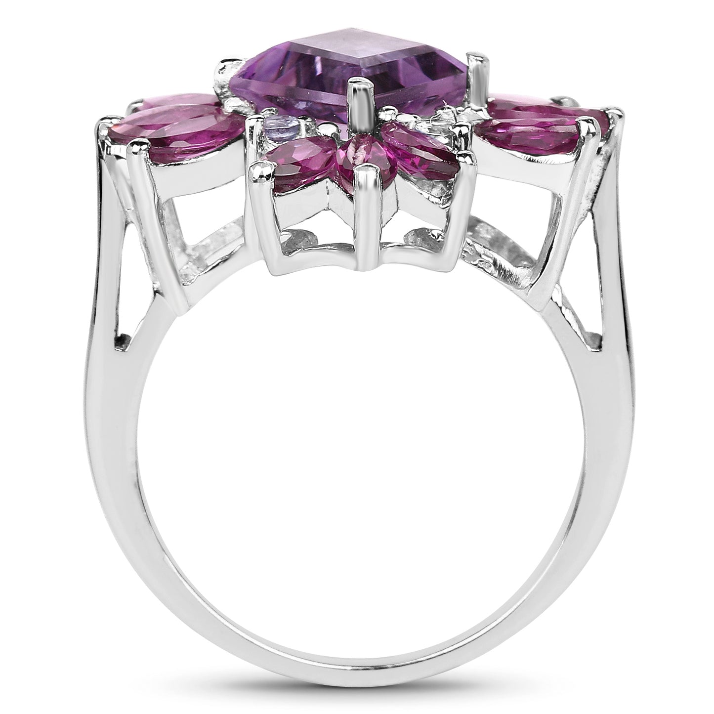 Genuine Amethyst and Rhodolite Garnet Sterling Silver Floral Ring