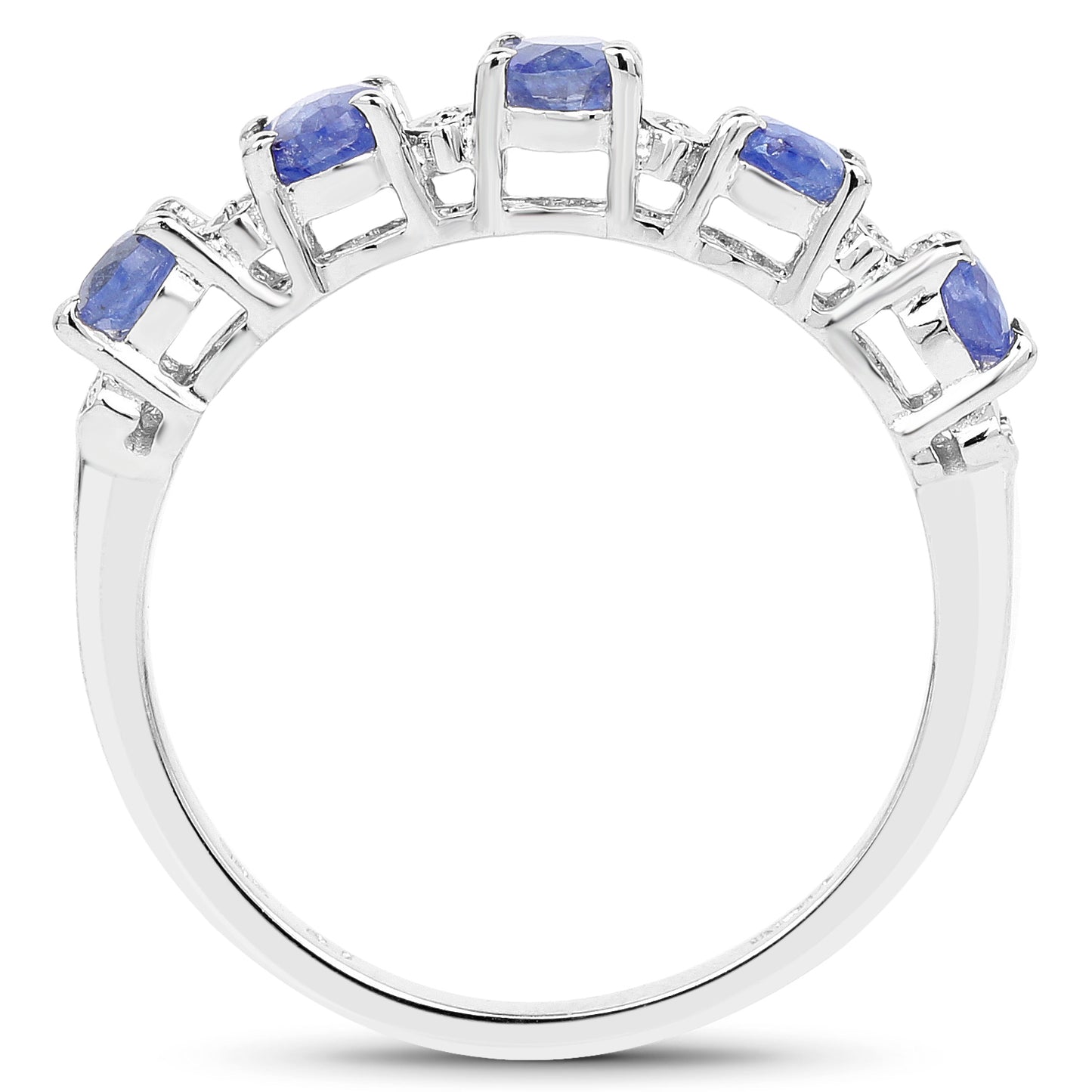 Glass Filled Blue Sapphire and White Diamond Sterling Silver 5-Stone Ring