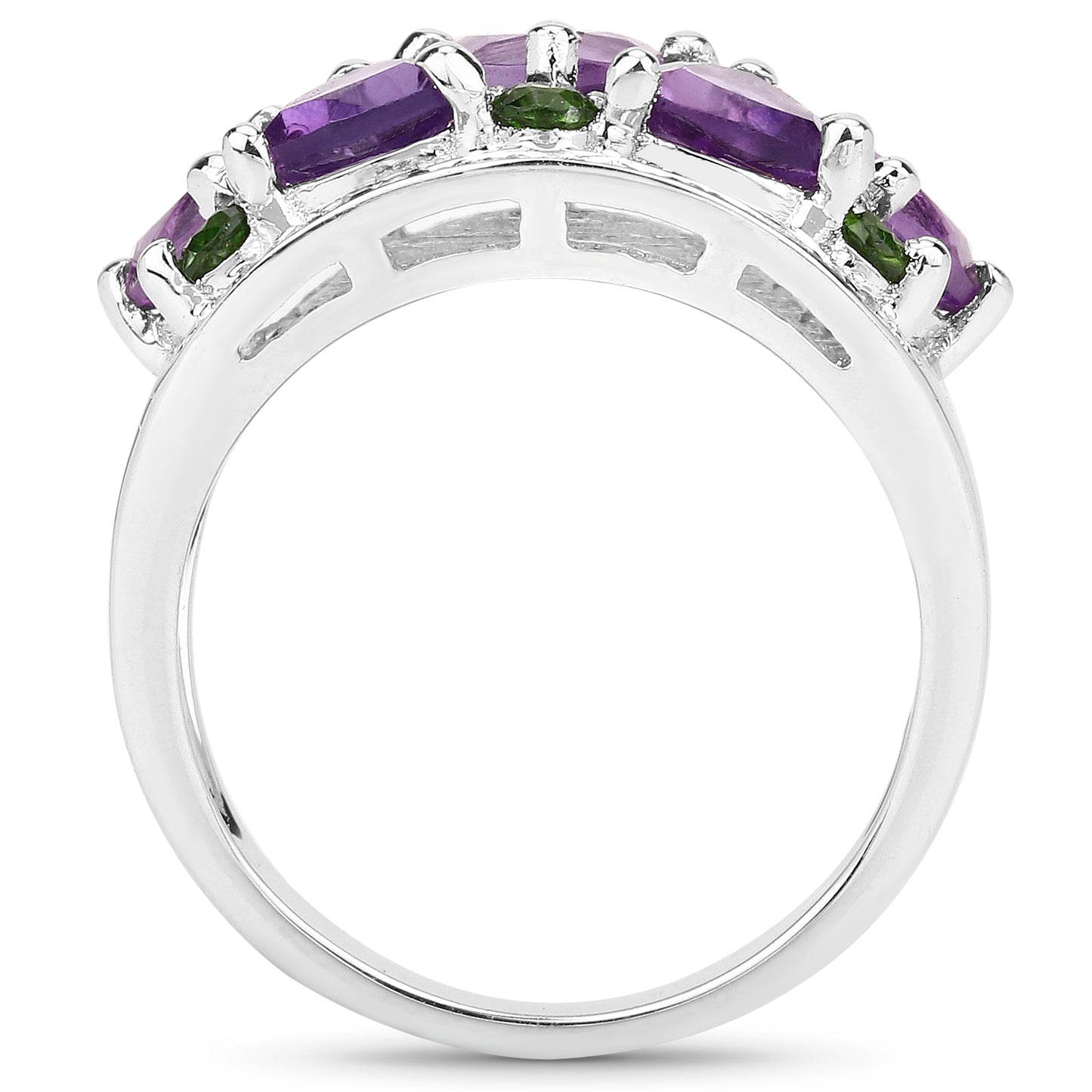 Genuine Amethyst, Chrome Diopside and White Topaz Sterling Silver Ring