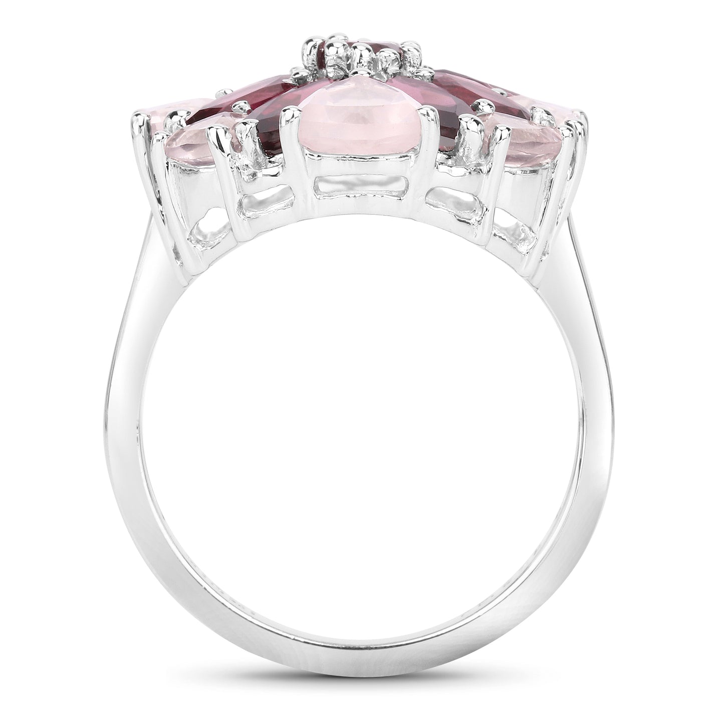 Genuine Rhodolite Garnet and Rose Quartz Sterling Silver Floral Ring