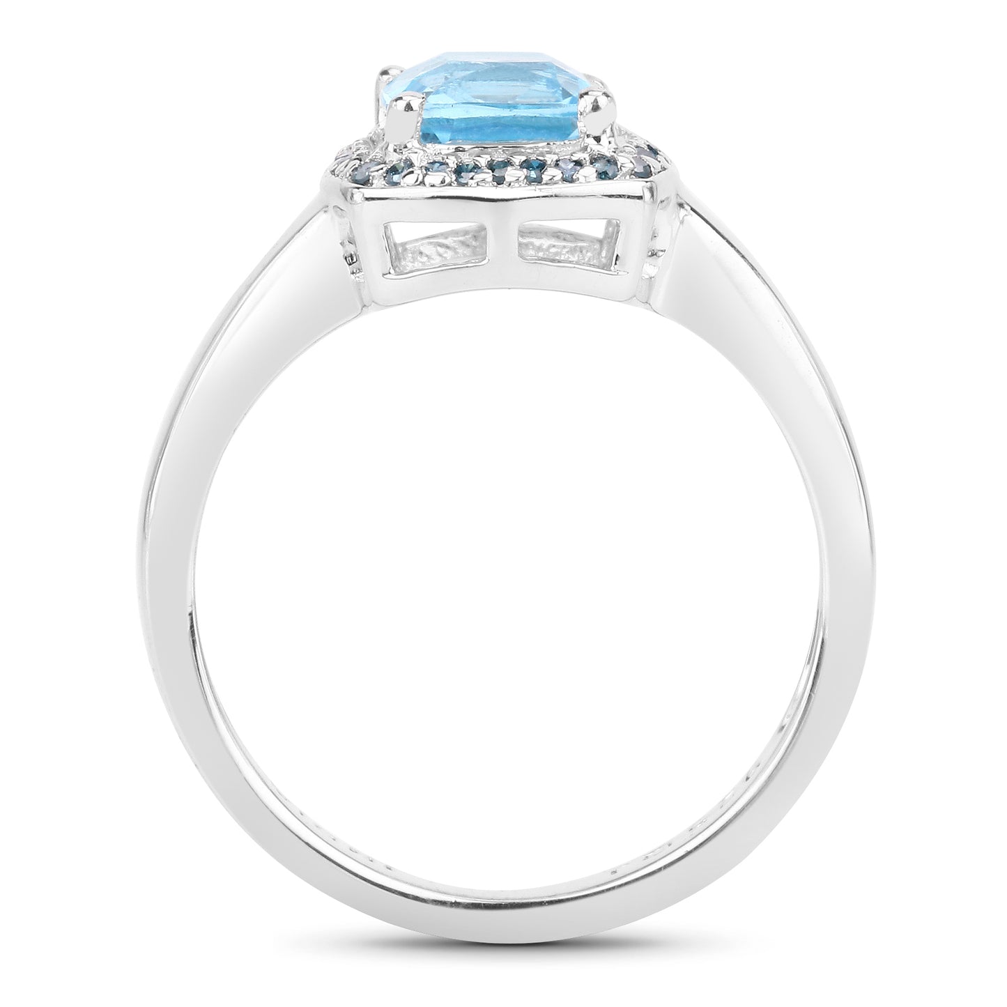 Genuine Swiss Blue Topaz and Blue Diamond Sterling Silver Halo Ring