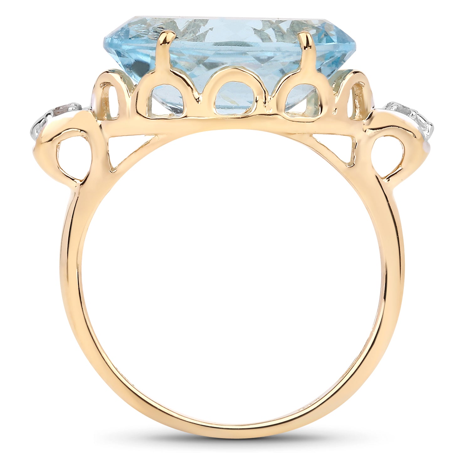 Genuine 14K Yellow Gold Plated Blue Topaz and White Diamond Sterling Silver Bridge Ring