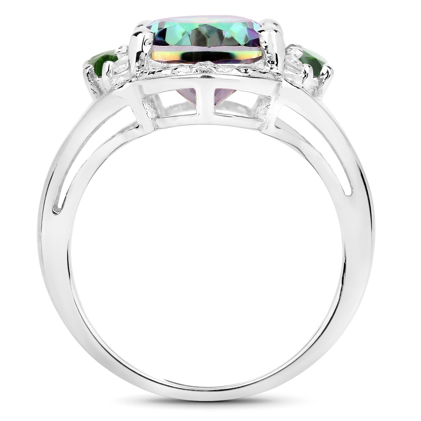 Genuine Blue Rainbow Quartz Chrome Diopside and White Zircon Sterling Silver Ring