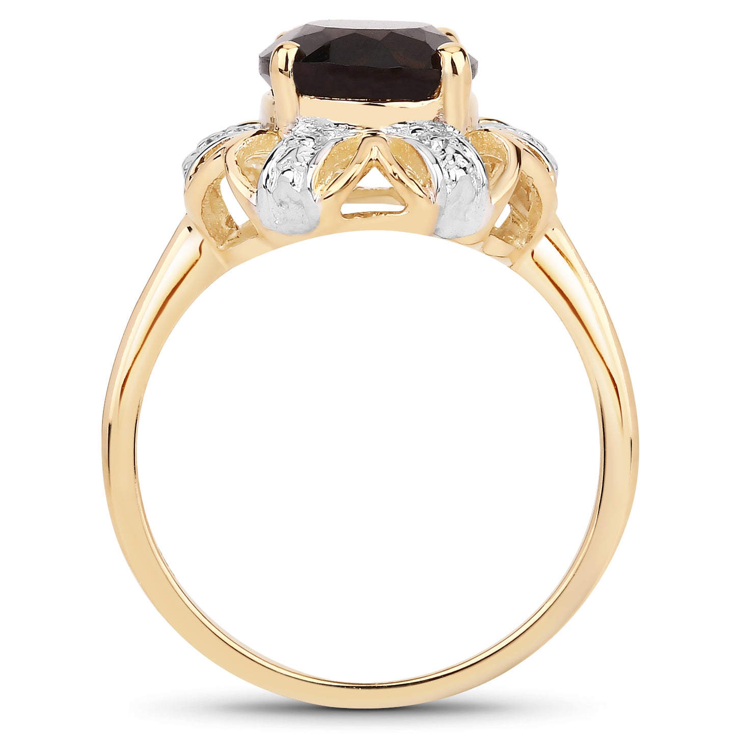 Genuine 14K Yellow Gold Plated Plated Smoky Quartz and White Diamond Sterling Silver Ring