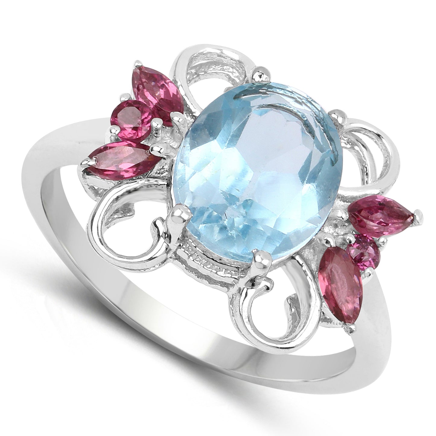 Genuine Blue Topaz and Rhodolite Garnet Sterling Silver Ring
