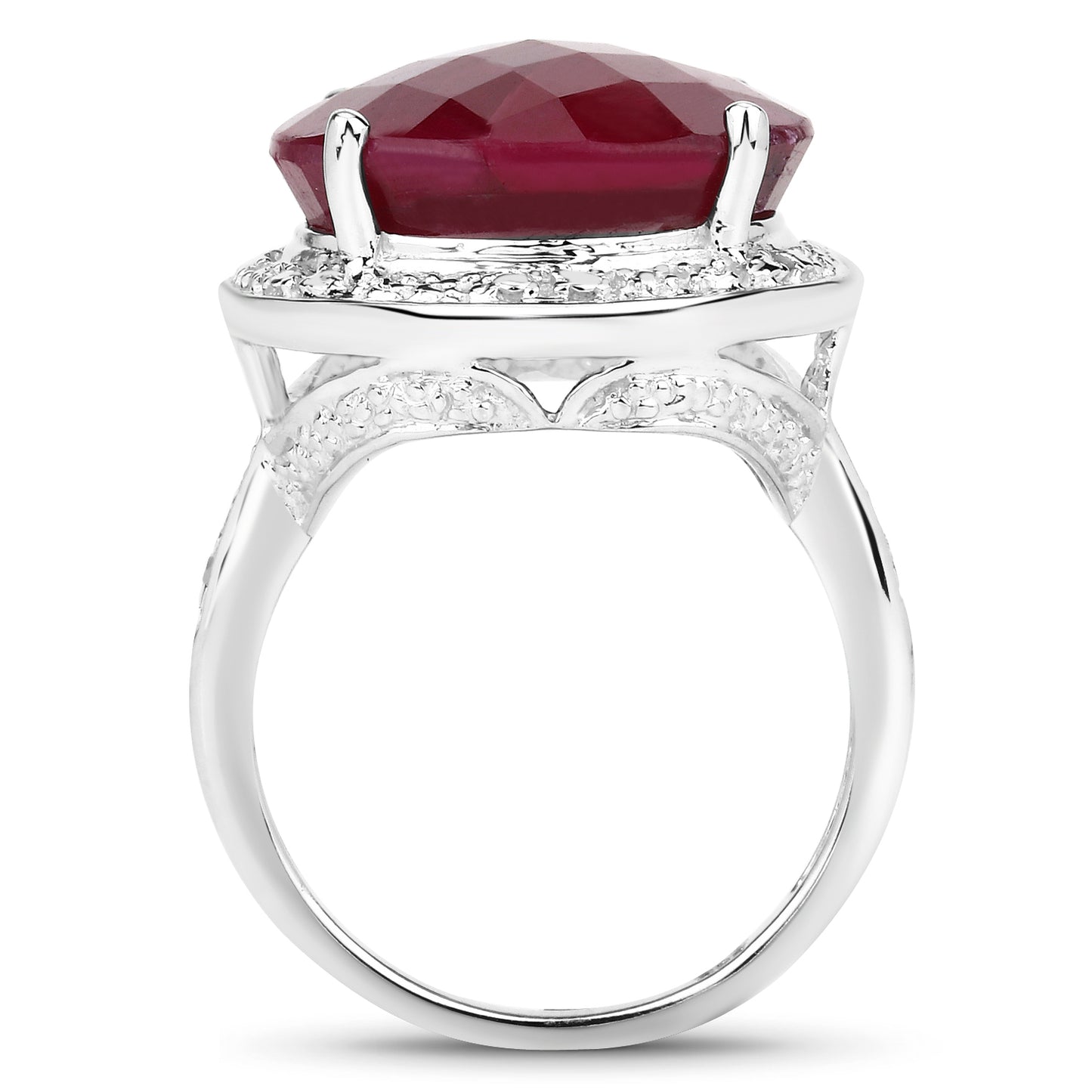 Dyed Ruby and White Diamond Sterling Silver Halo Ring