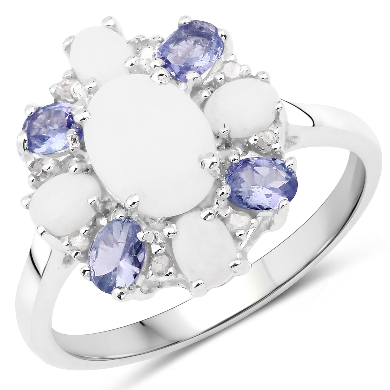 Genuine Opal, Tanzanite and White Diamond Sterling Silver Graduated Ring