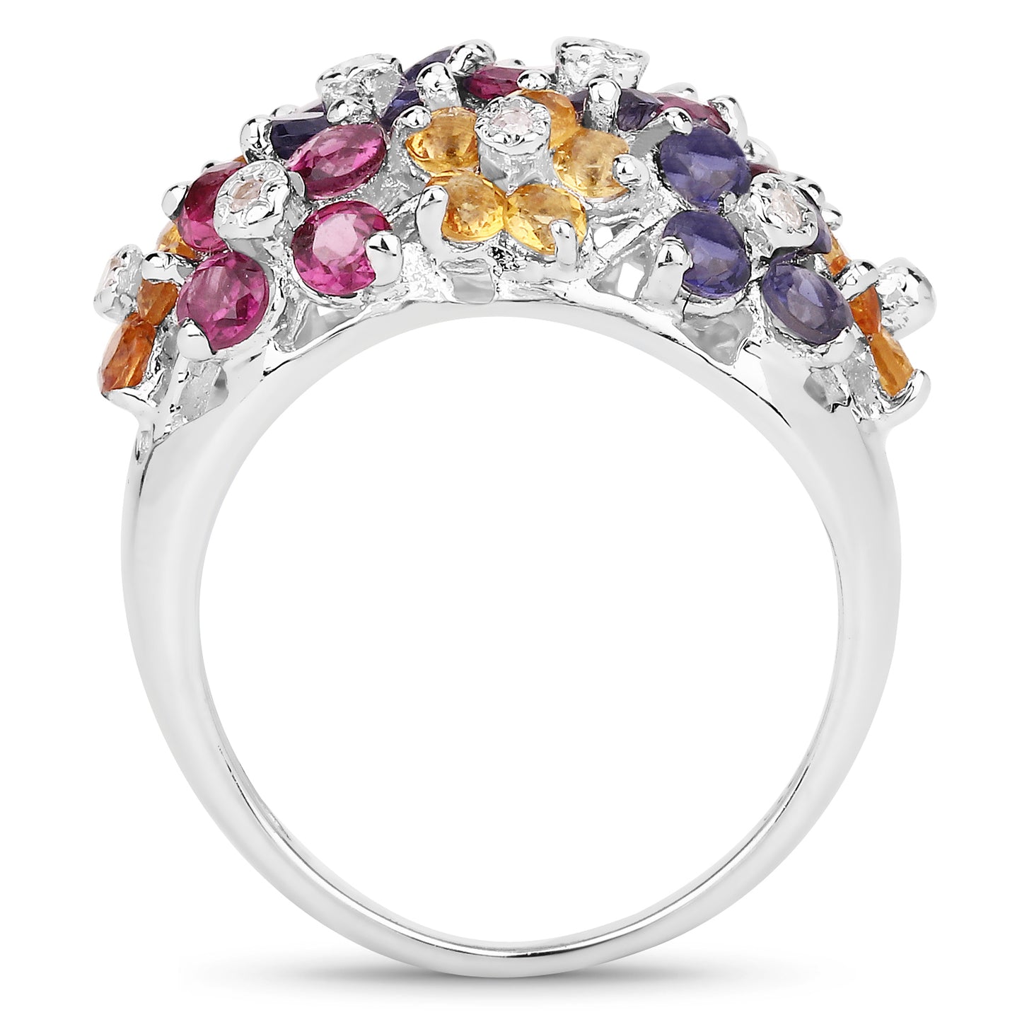 Genuine Multi-Gemstones and White Diamond Sterling Silver Cluster Ring