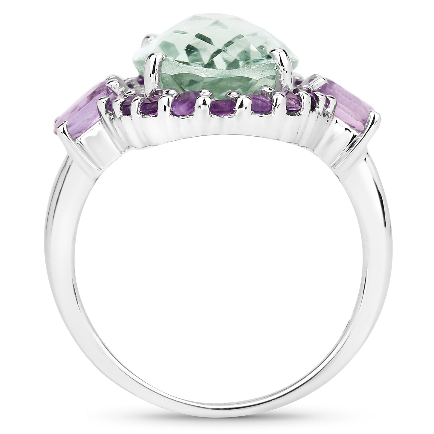 Genuine Green Amethyst and Amethyst Sterling Silver Halo Ring