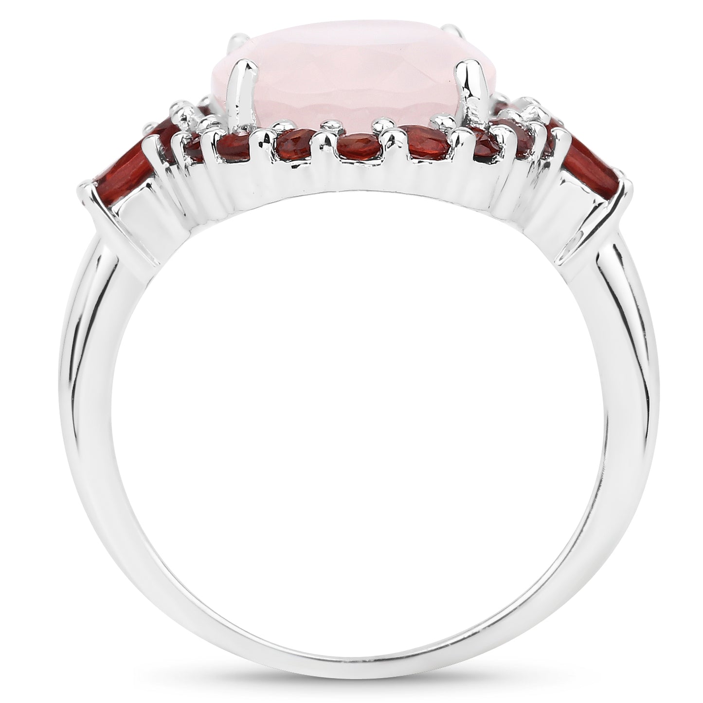 Genuine Rose Quartz and Garnet Sterling Silver Halo Ring