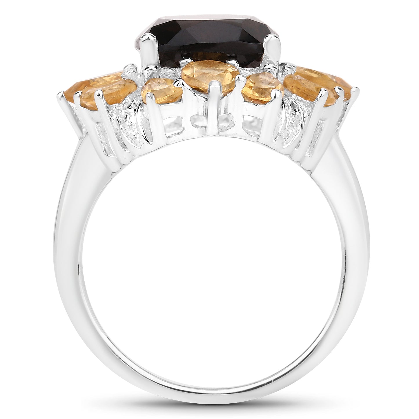 Genuine Smoky Quartz, Citrine and White Diamond Sterling Silver Halo Ring